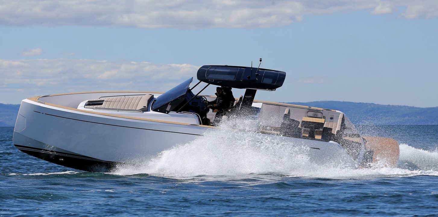 Pardo 38 yacht sailing on the water with a clear blue sky