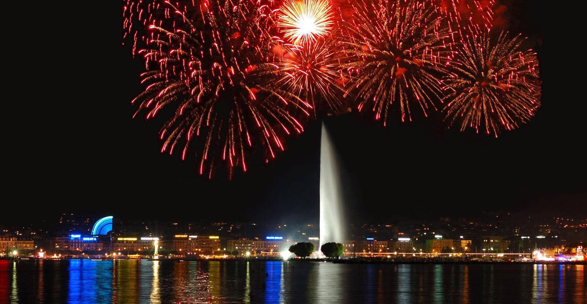 Fireworks exploding over Lake Geneva