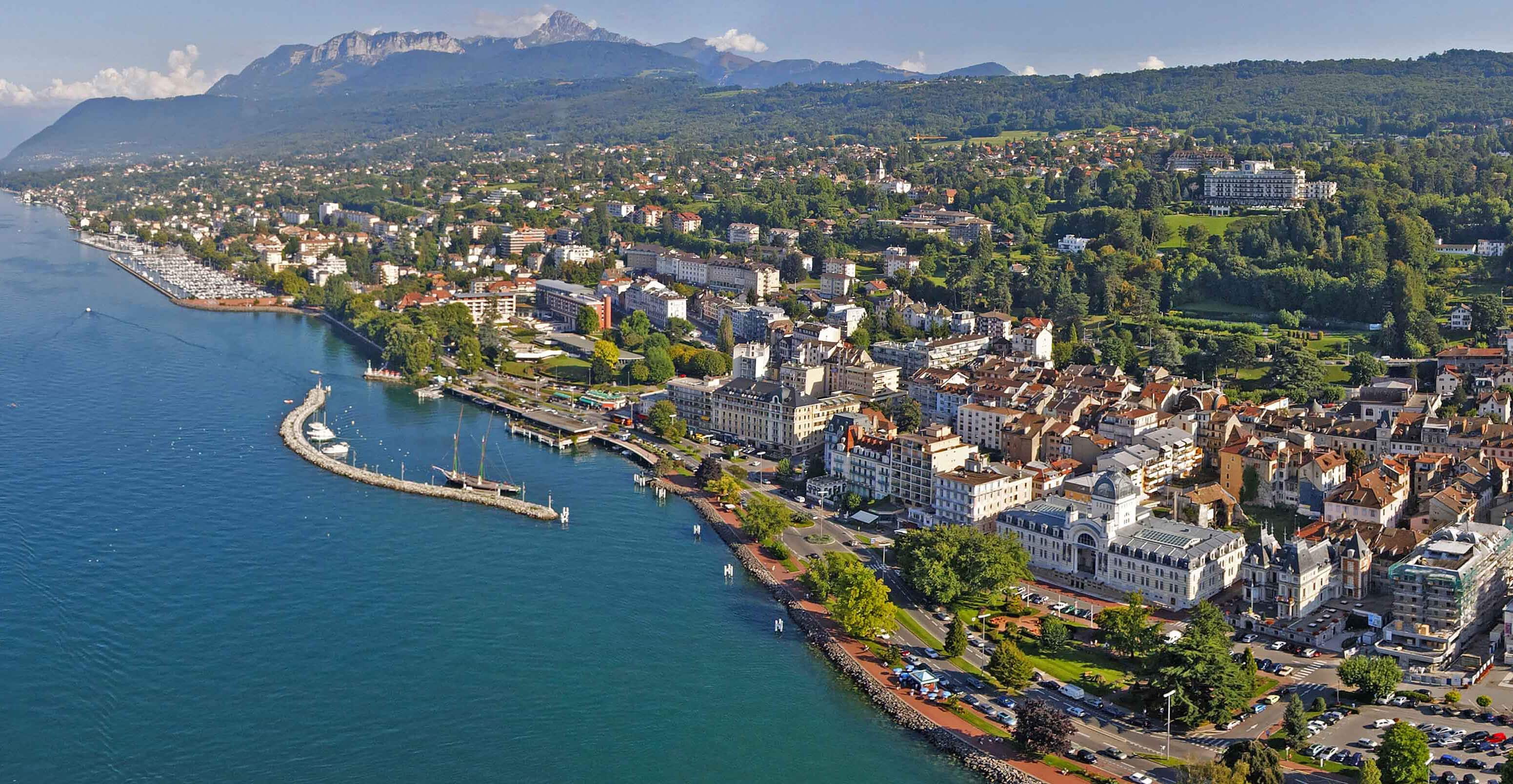 Aerial view of Evian-les-Bains, located on the shore of Lake Geneva