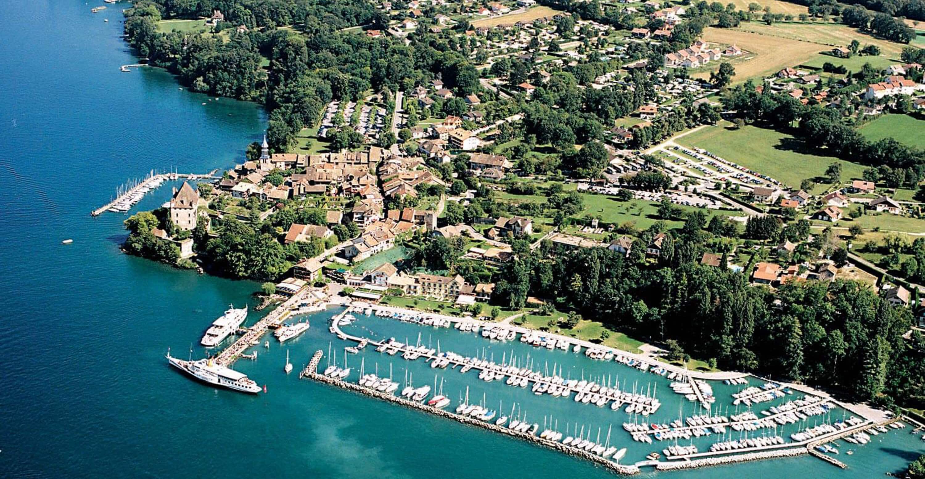 Aerial view of Yvoire, a french village on the shore of Lake Geneva