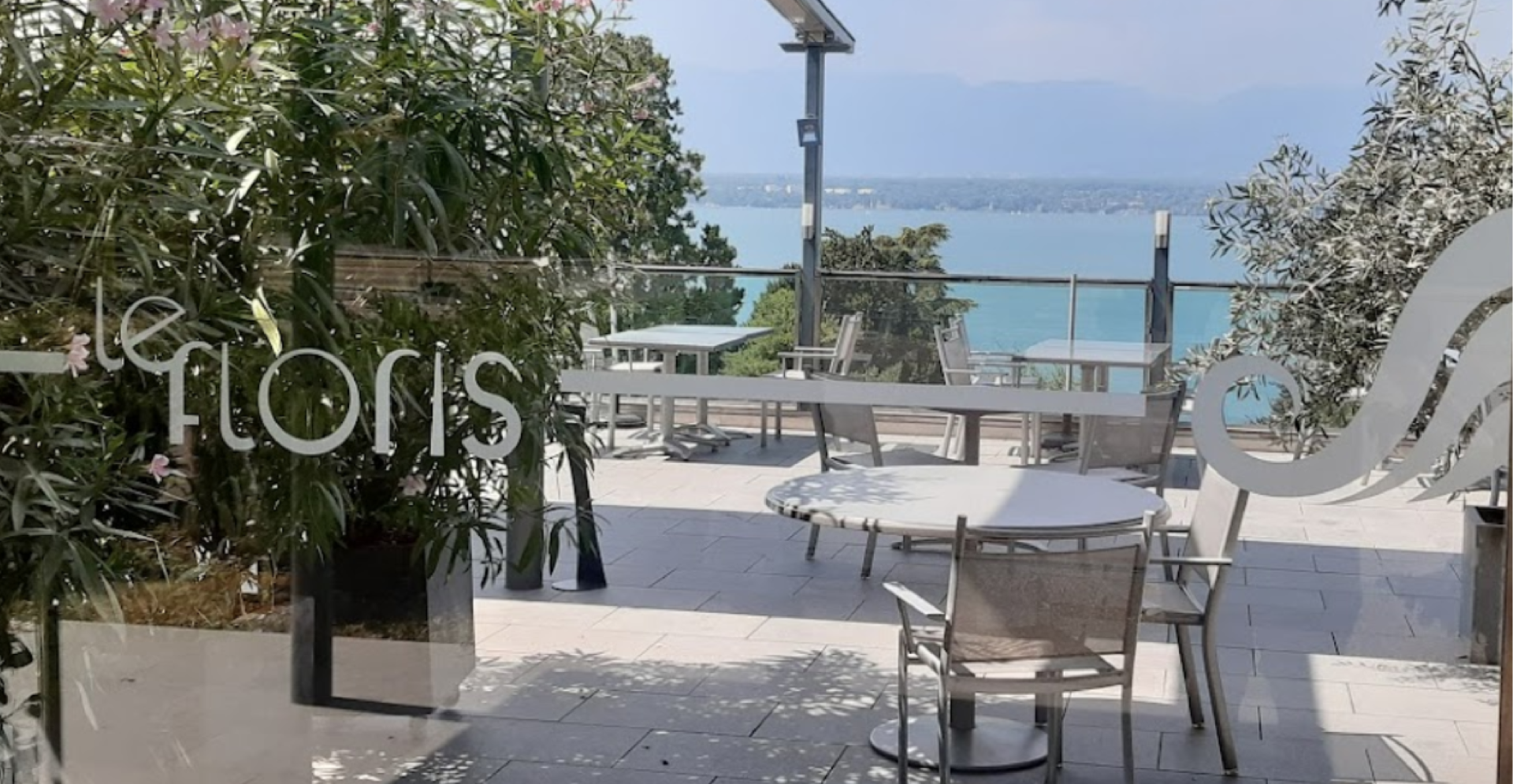 Terrace of Le Floris restaurant on Lake Geneva