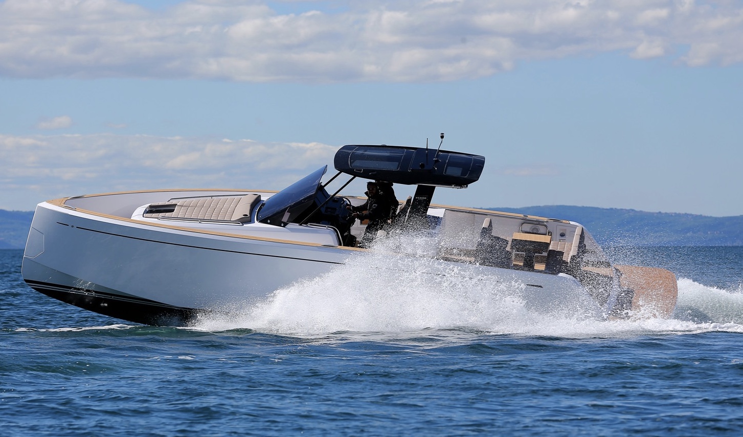 Pardo 38 yacht sailing on the water with a clear blue sky